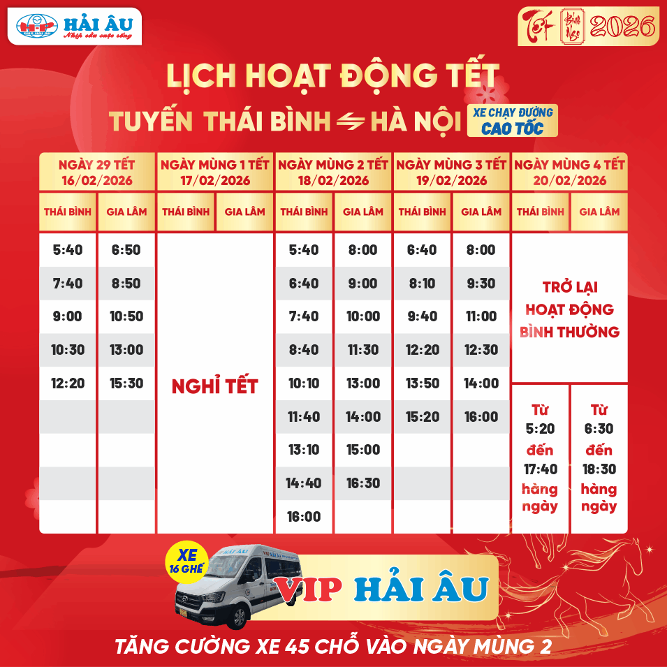 Lịch hoạt động Tết: Tuyến Thái Bình - Vĩnh Bảo - Gia Lâm (Cao Tốc)