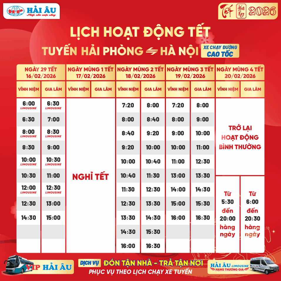 Lịch hoạt động Tết: Tuyến Vĩnh Niệm - Gia Lâm (Cao Tốc)